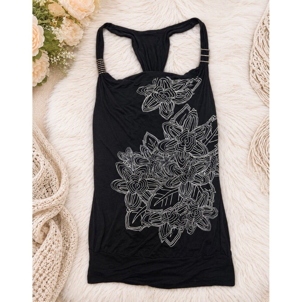 Womens Top Shirt Black Floral Strap Tank Resortcore Vacation Size Small